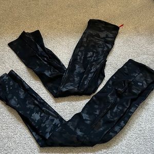 Black camo Spanx faux leather leggings - two pairs - size petite small
